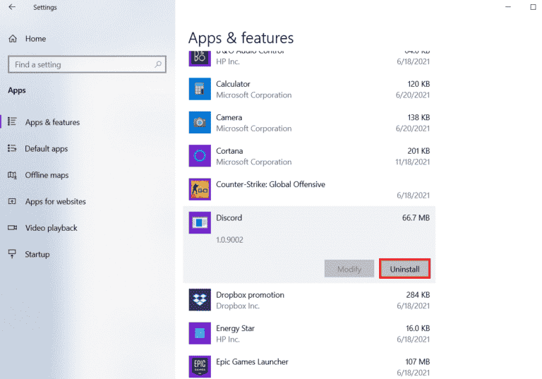 click on Uninstall Discord