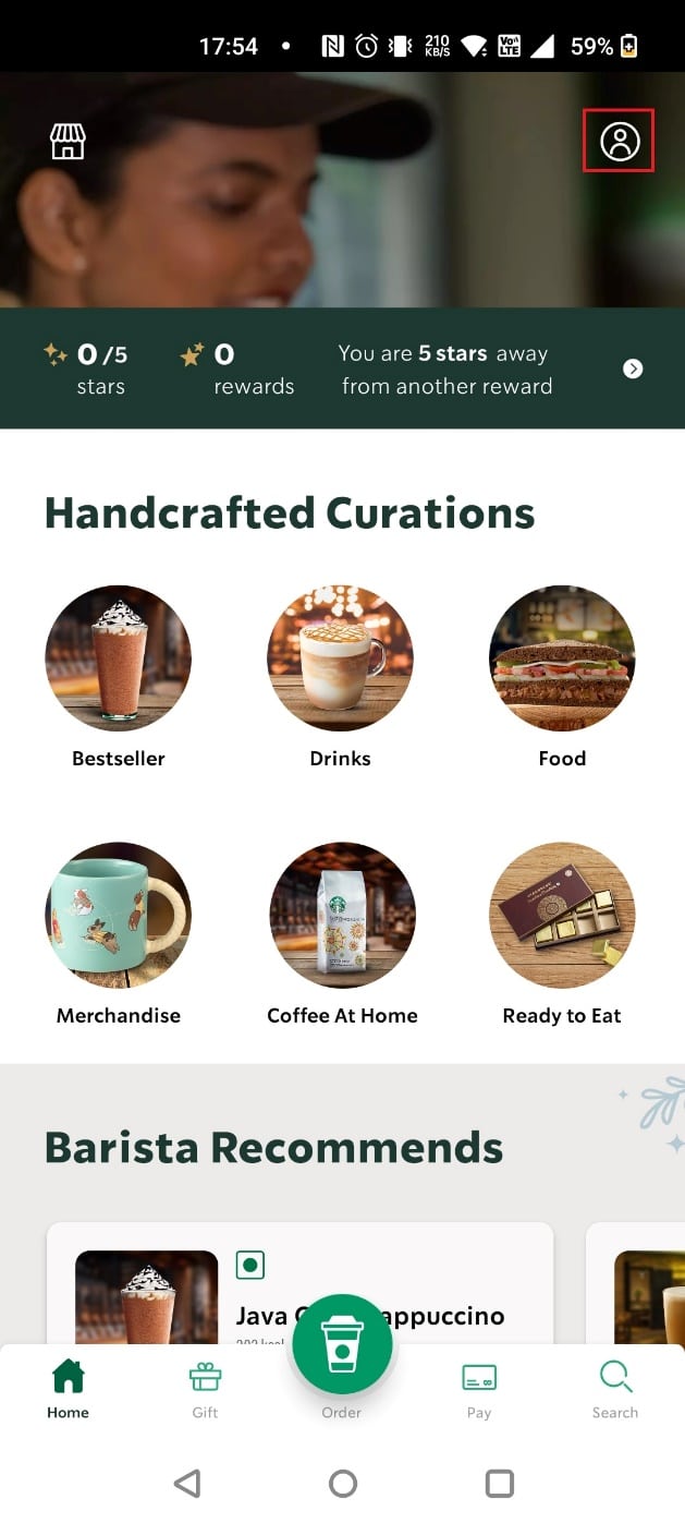 Tap on the profile icon at the top right corner | How to Delete a Starbucks Account