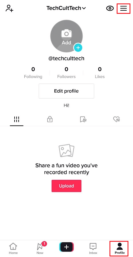 TikTok app - Profile tab - hamburger icon | 