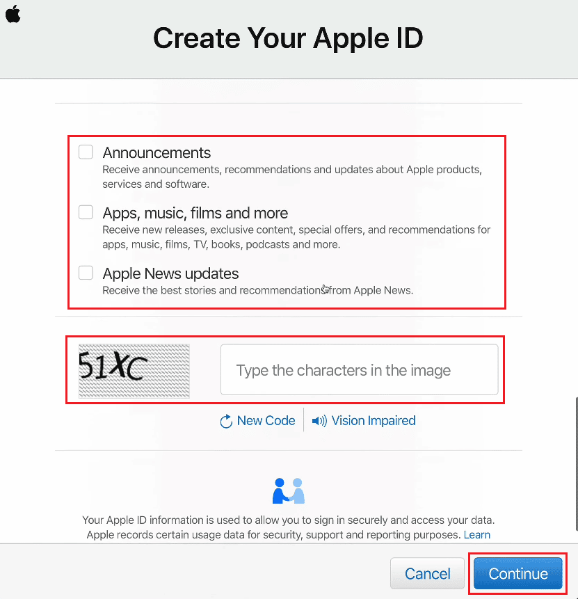 select the desired Receive fields - Enter the code characters displayed in the adjacent image and click on Continue