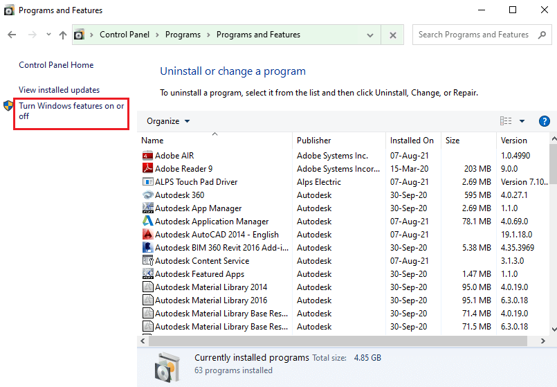 Click on the Turn Windows features on or off option