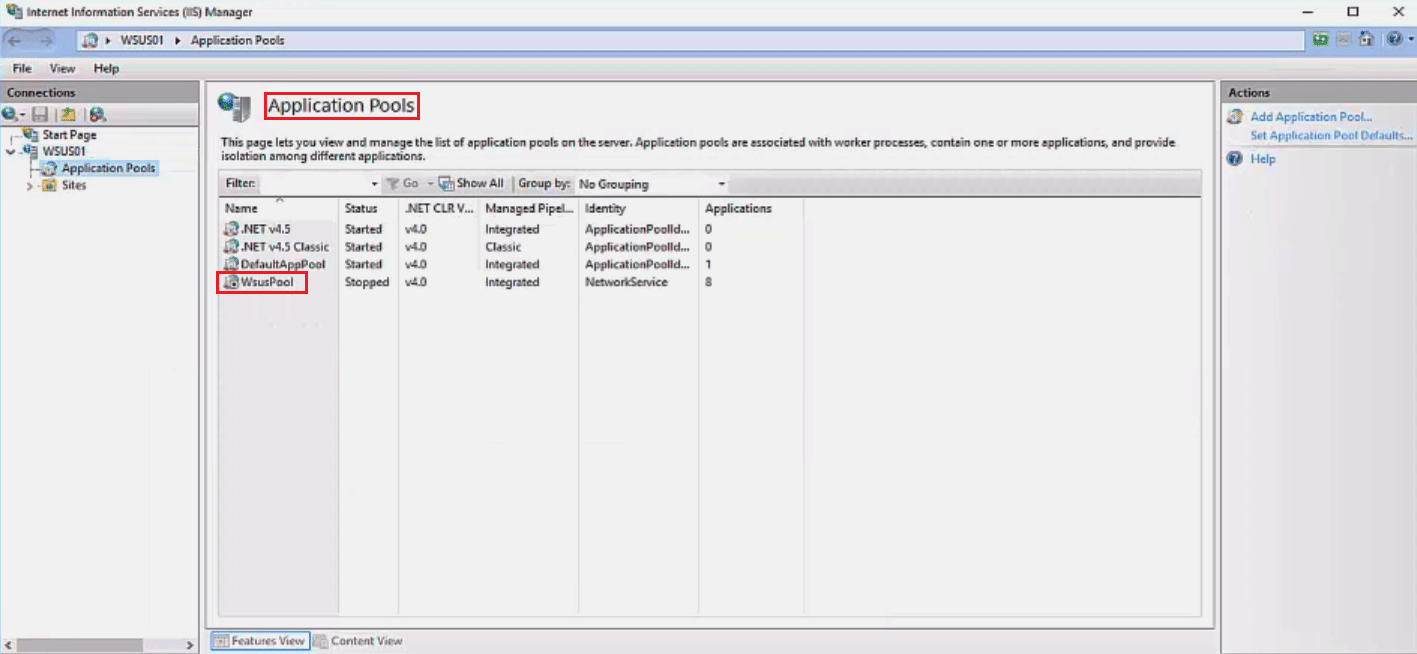 select WSUSPool service in Application Pools