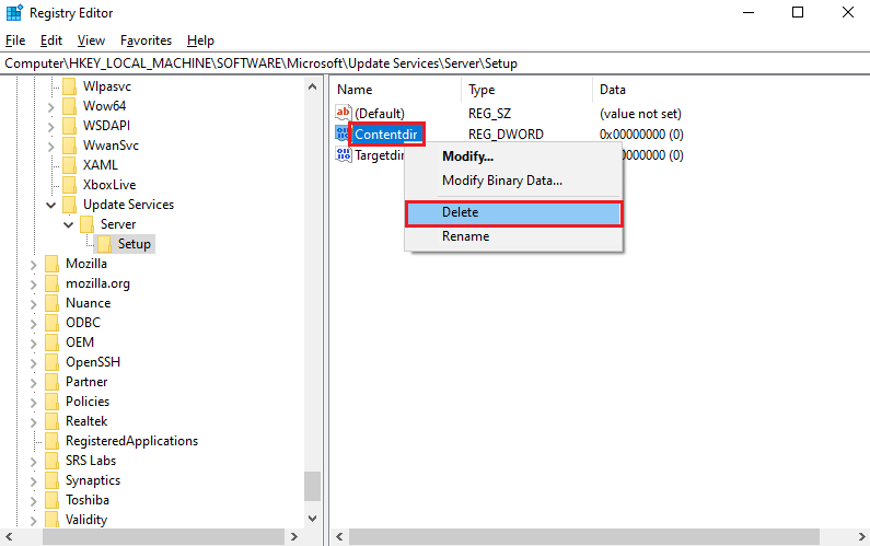Right click on the ContentDir key and click on the Delete option