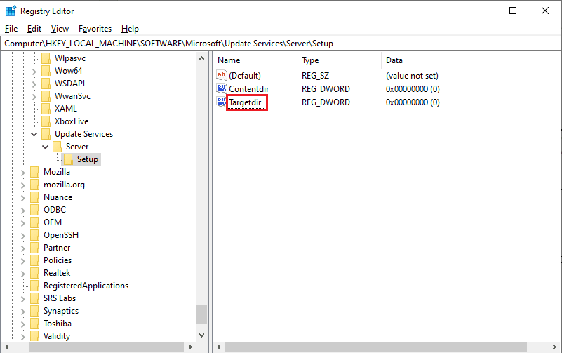 delete the TargetDir key value in the directory location