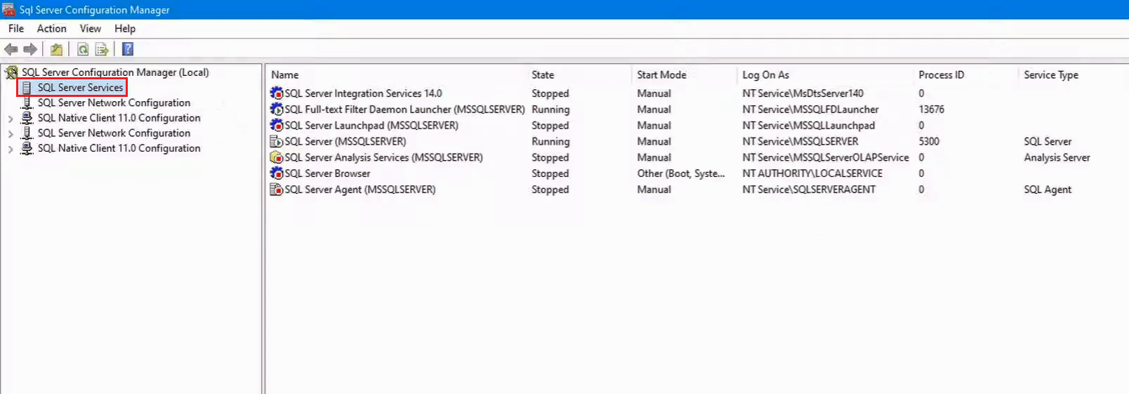 SQL Server services in SQL Server Configuration Mangager