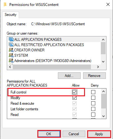 Tick the Full control option in the Allow section and click on the Apply button. Fix WSUS Administration Console Unable to Connect WSUS Server via Remote API
