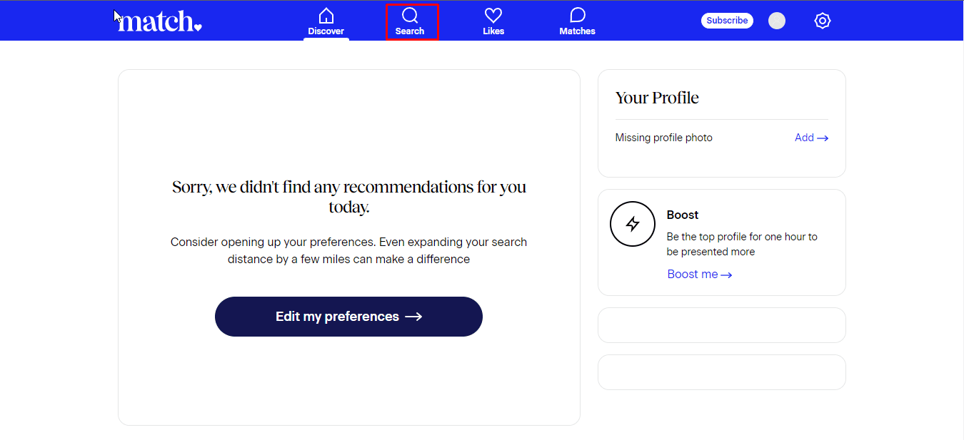 Click on the Search option present at the top navbar and then search for the user whose chatbox you want to check. | What Happens When You Block Someone on Match?