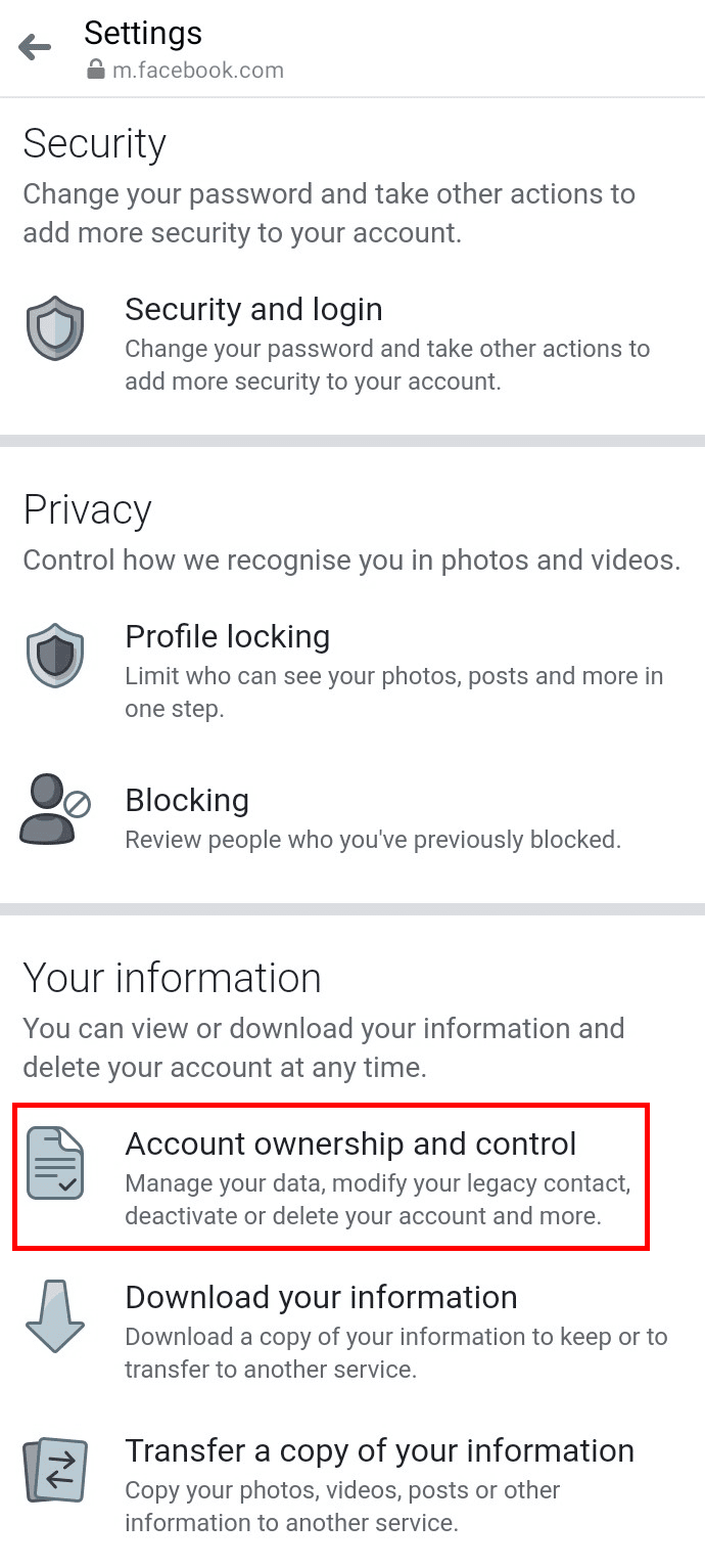 In account settings scroll down and tap on Account ownership and control.