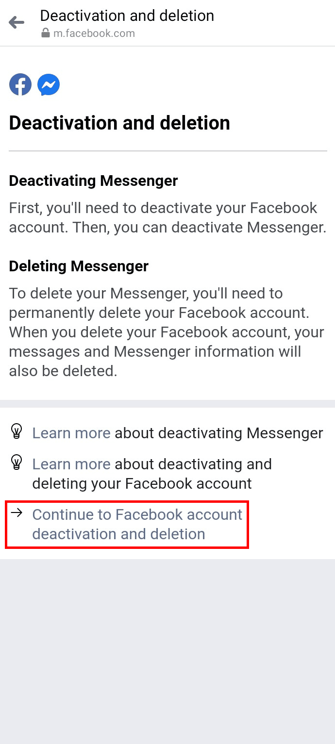 Tap on Continue to Facebook account deactivation and deletion at the bottom | delete Messenger without Facebook