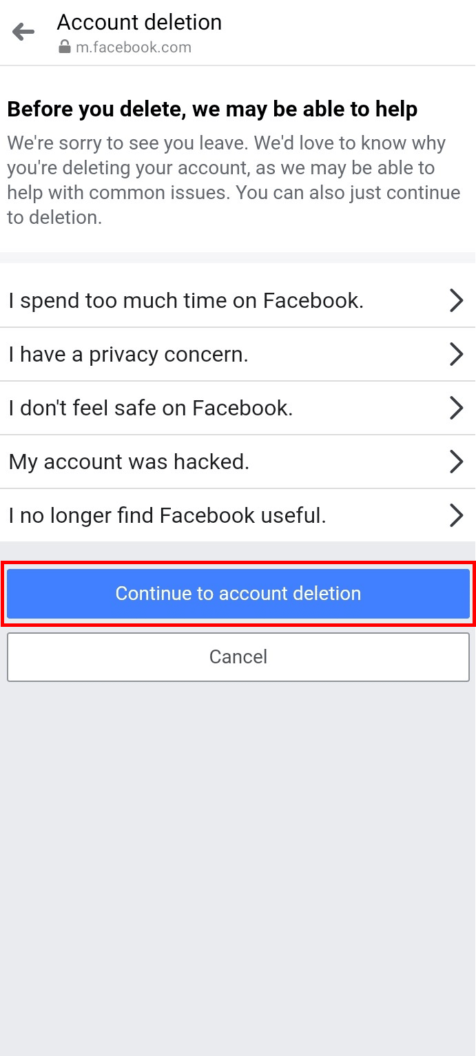 Tap on the Continue to account deletion button | delete Messenger without Facebook