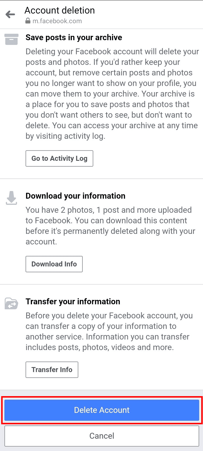 In the account deletion page scroll down to the bottom and tap on the Delete Account button.