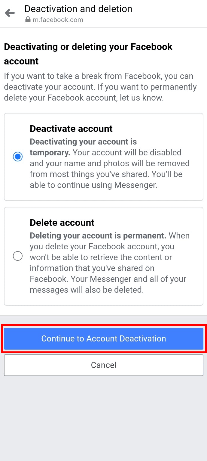 Select the Deactivate account option and tap on the Continue to Account Deactivation button | delete Messenger without Facebook