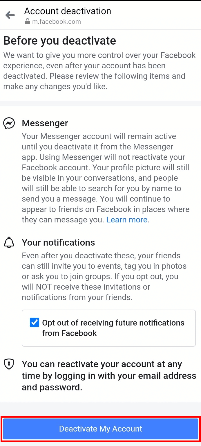 Tap on the Deactivate My Account button to deactivate your Messenger and Facebook account | delete Messenger without Facebook