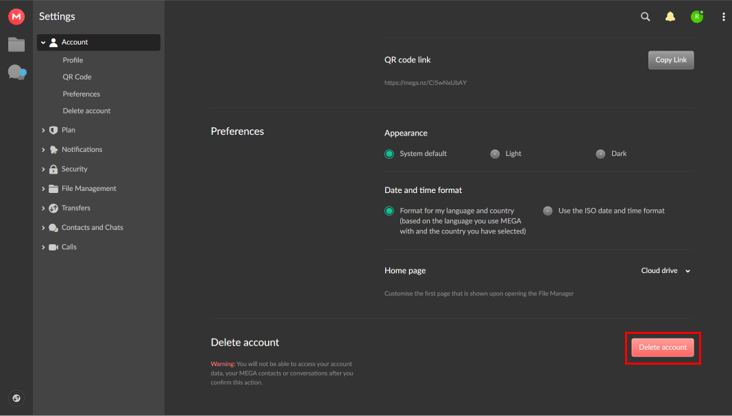 In the settings page scroll down to the bottom and click on the Delete account button.