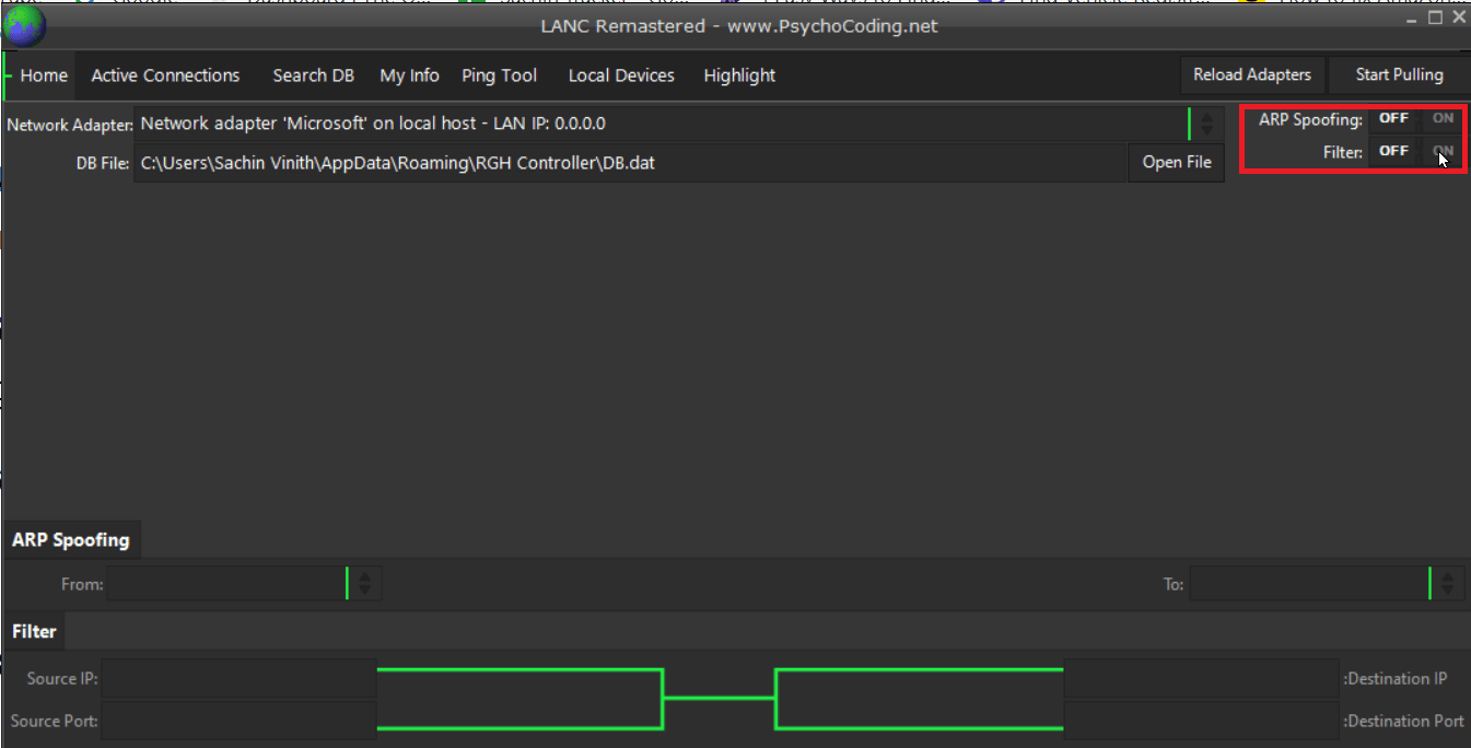 turn on arp spoofing and filter