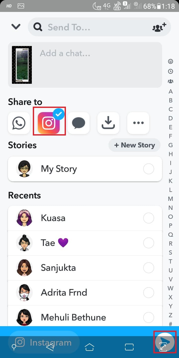 Tap on the Instagram icon and click on Send icon. 