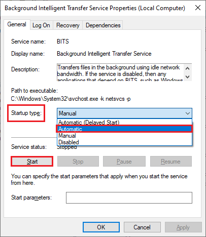 select the Startup type to Automatic