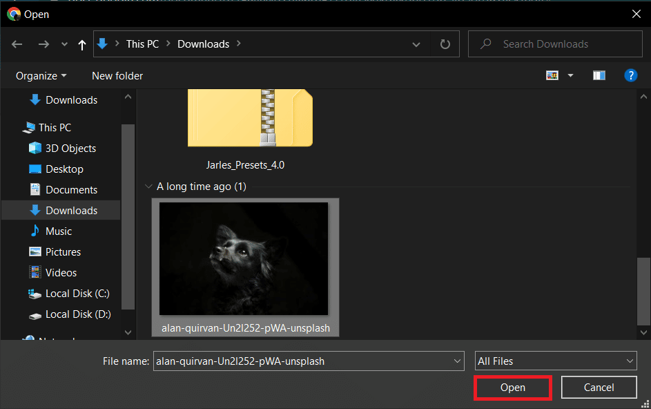Select the image and click on Open