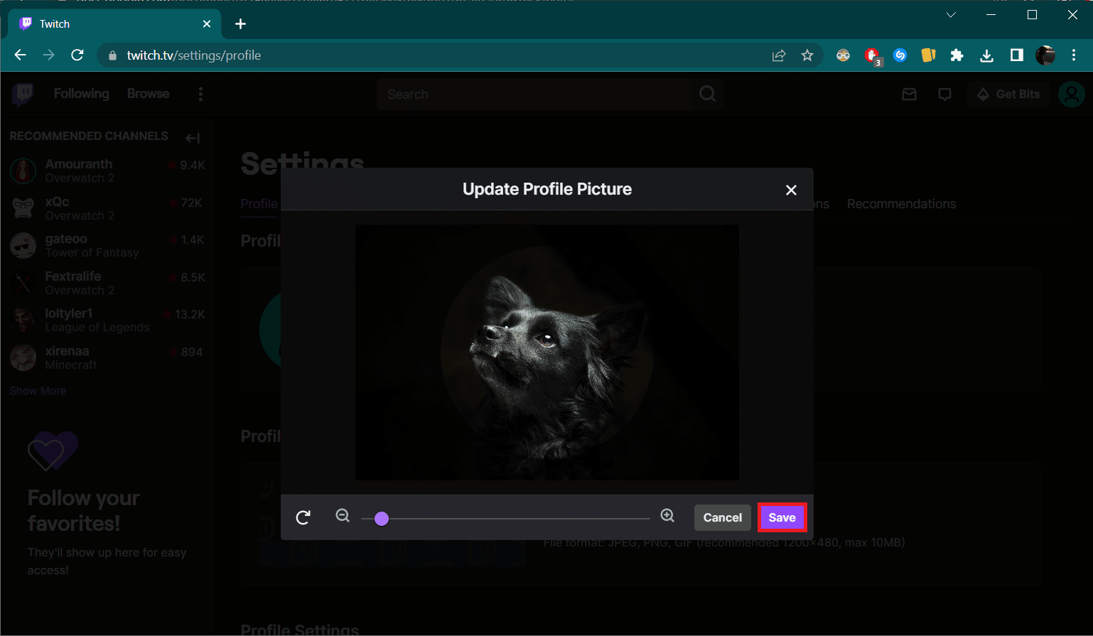 Adjust the picture and click on Save