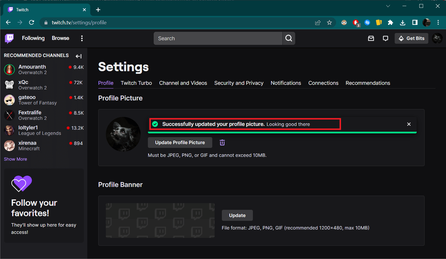 you will see the message Successfully updated your profile picture. How to Change Your Twitch Picture