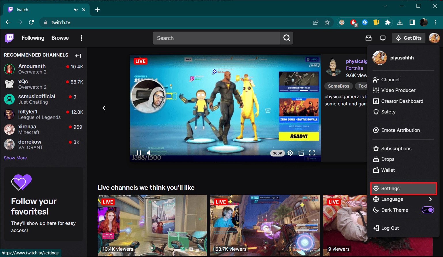 Click on your profile image and select Settings from the list