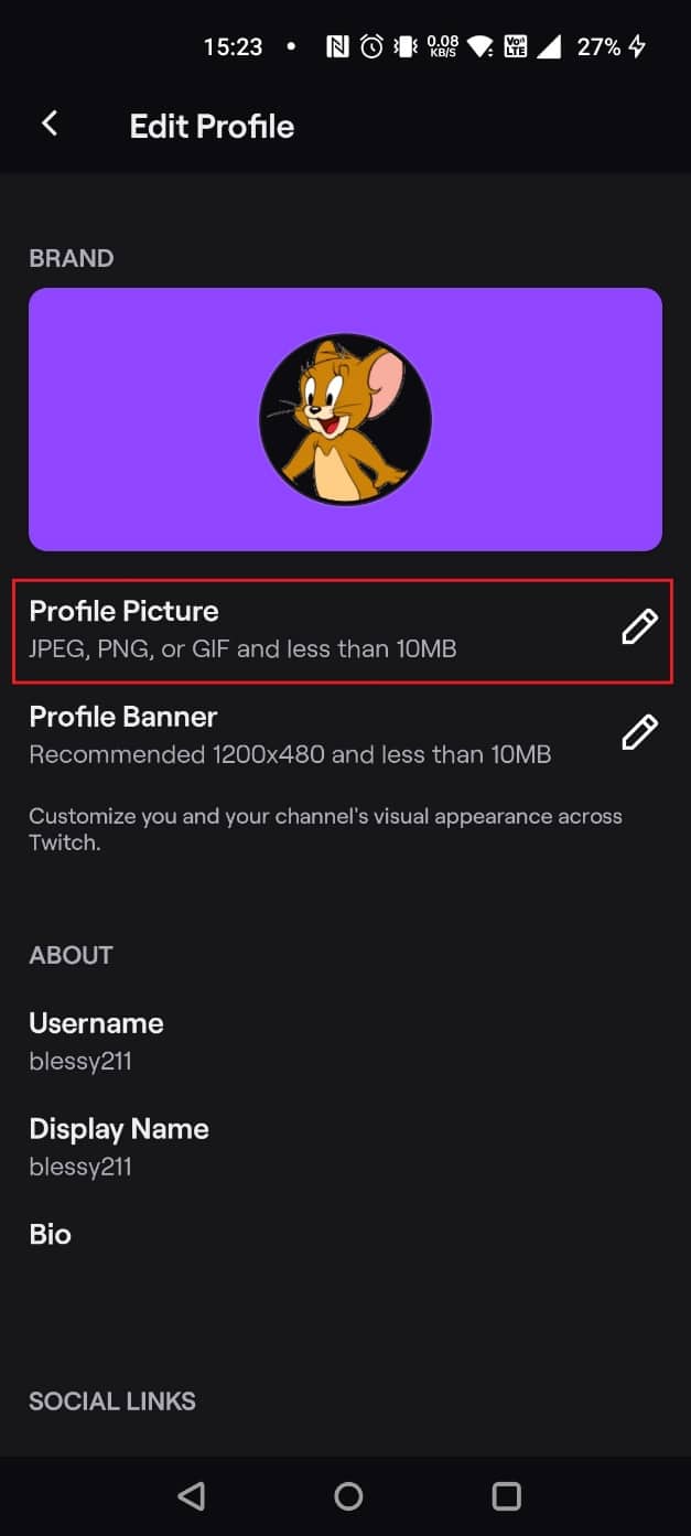 Tap on the pencil icon next to the Profile Picture label