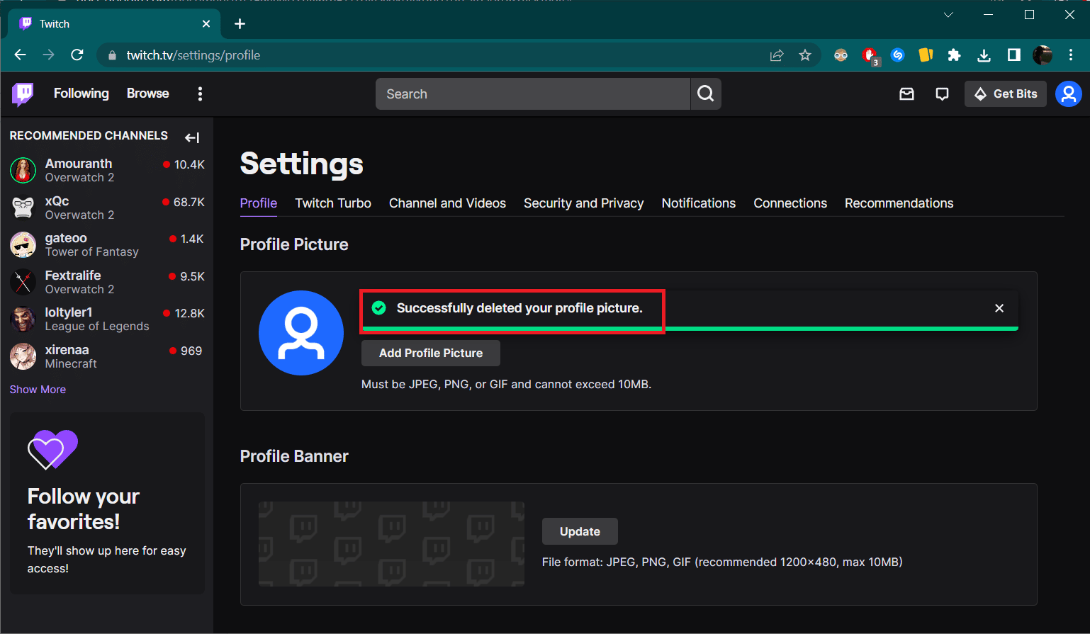 A Successfully deleted your profile picture confirmation message will appear