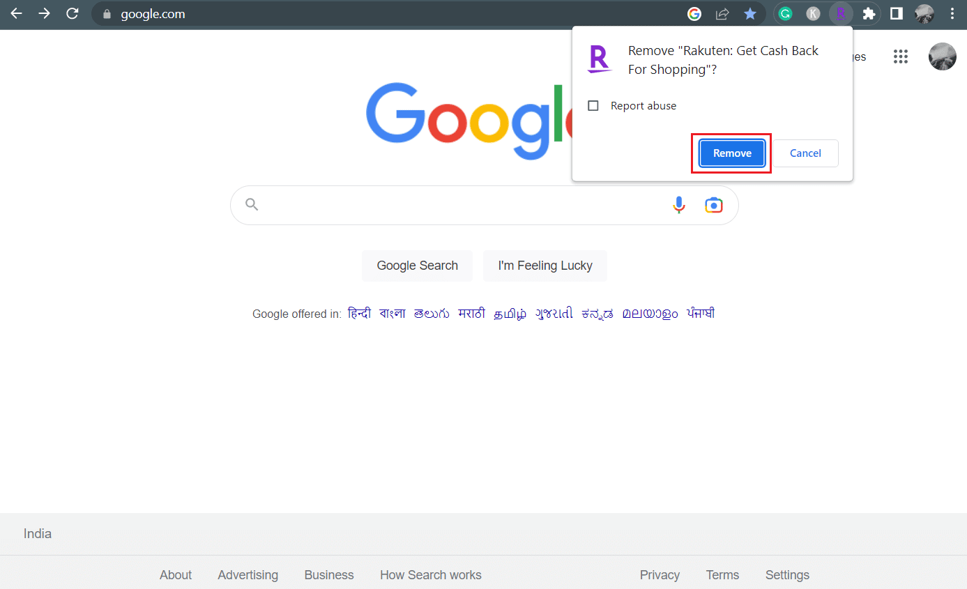 Click on Remove from the popup to confirm the extension removal process