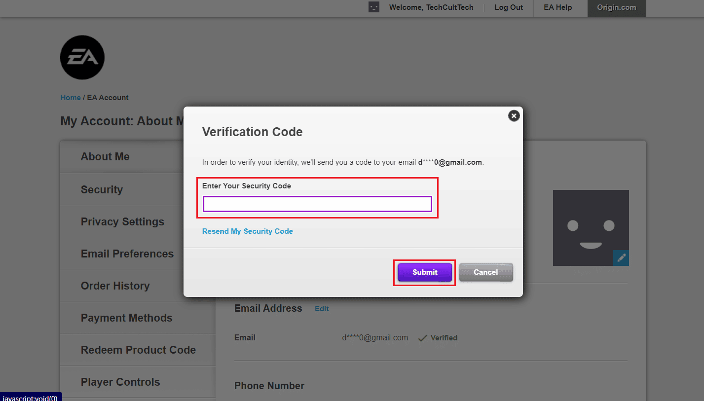 Enter the code you received from EA in your email account and click on Submit