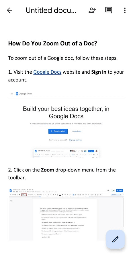 pinch close on the mobile screen to zoom out of the doc if you had zoomed in already