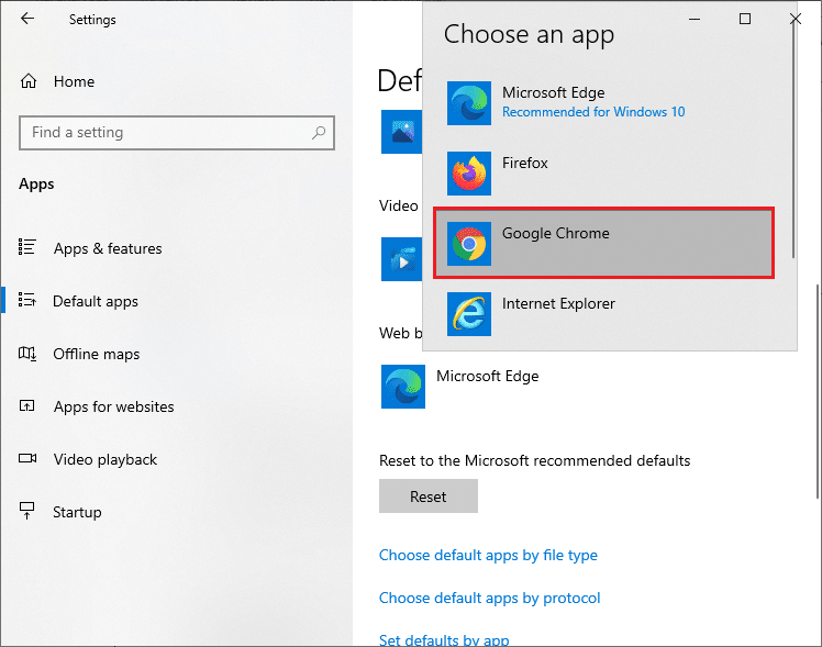 select Google Chrome as default web browser