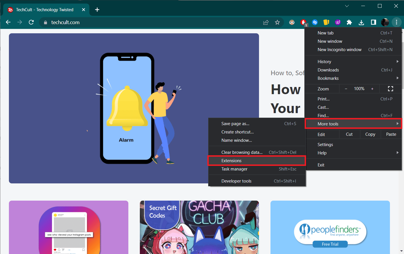 Click on the three vertical dots and choose More tools and Extensions. Fix Twitch Profile Picture Upload Error