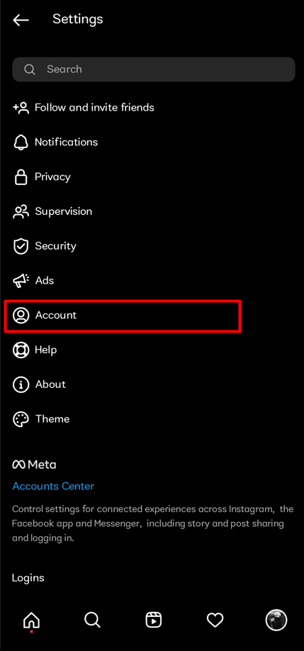After that, select the Account option to access it | hide a conversation on Instagram