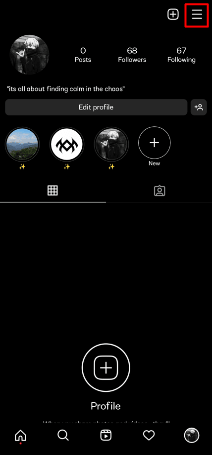 Click on the hamburger icon in the top-right corner of your profile to open it.