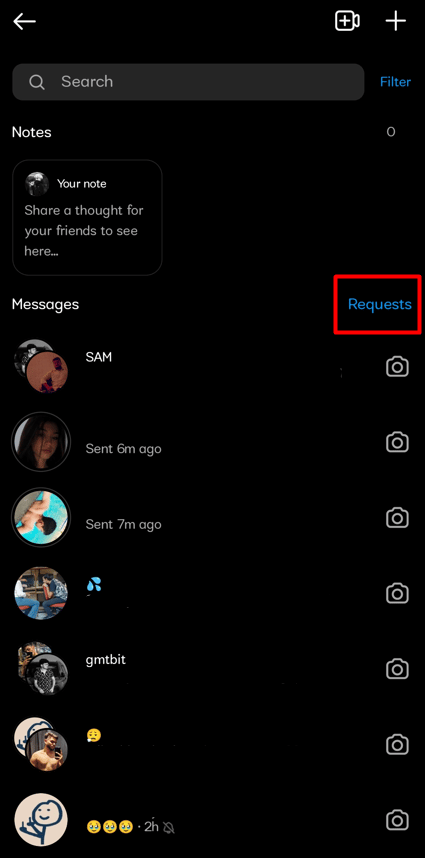 Click on the Requests option to view every message request you've ever had from a complete stranger.