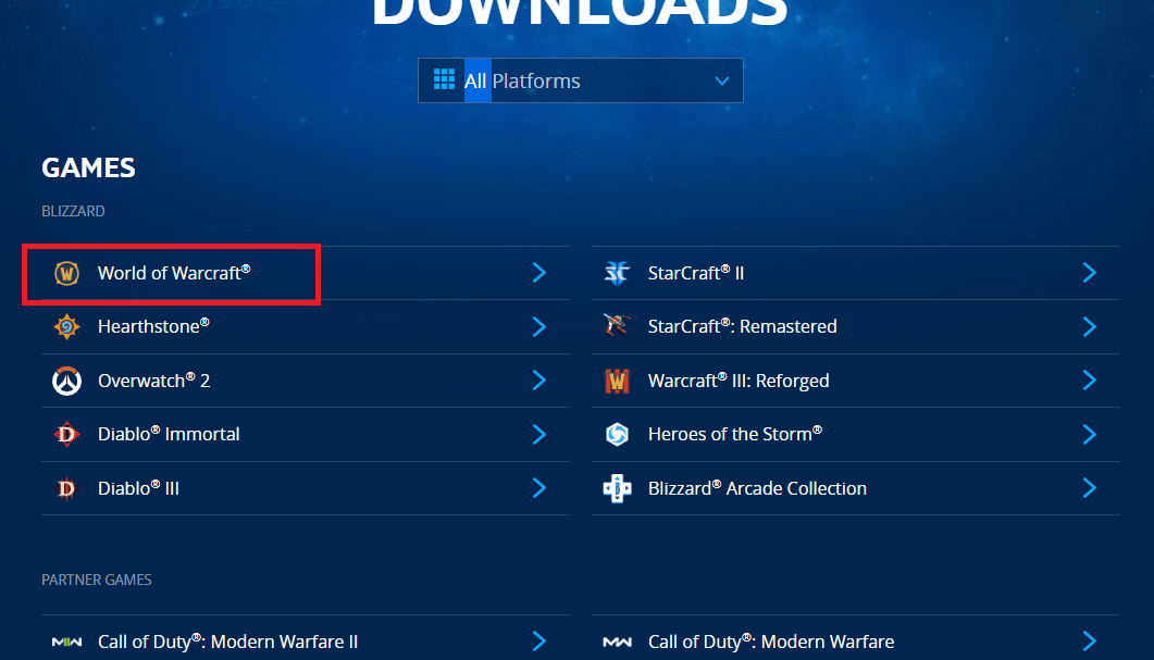 Open the official website of Blizzard and click on the World of Warcraft game in the GAMES BLIZZARD section