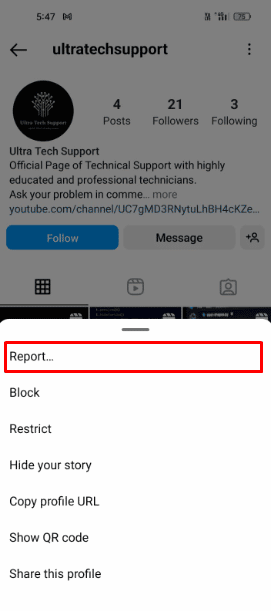 Tap on the first Report option from the profile menu.