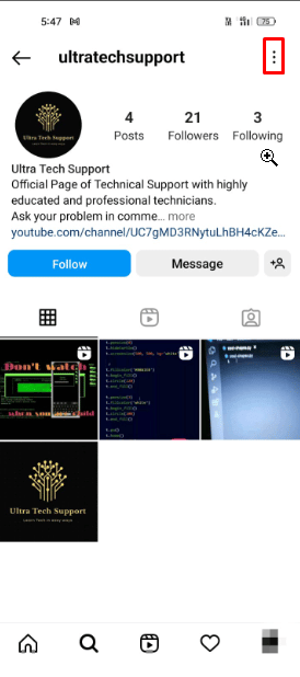 Now, tap on the three-down icon to open up the profile menu.