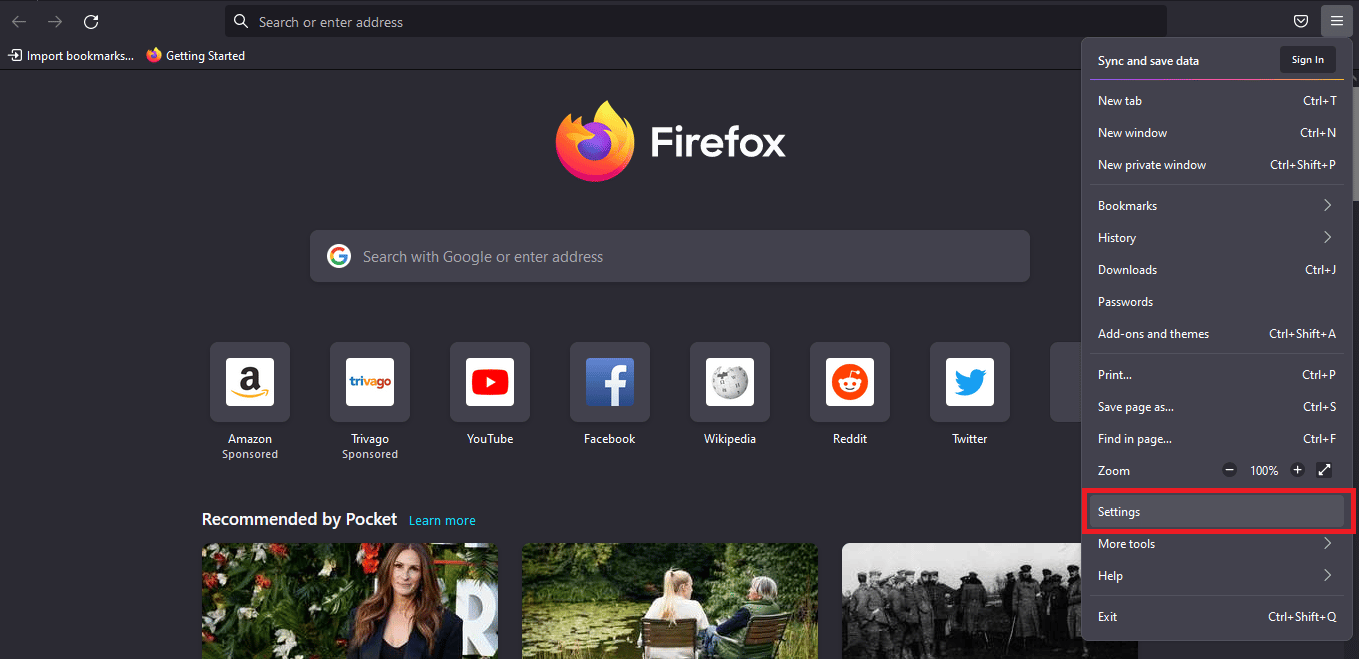 click on settings in firefox menu. Fix Netflix Error 70371101 in Windows 10