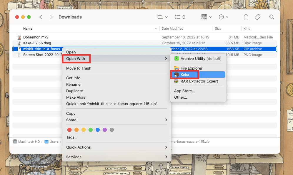 hover the cursor over Open With option and click on Keka. Fix Keka Error Code 2 on macOS