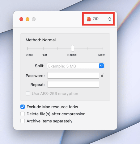 Choose the format in which you want to compress the file