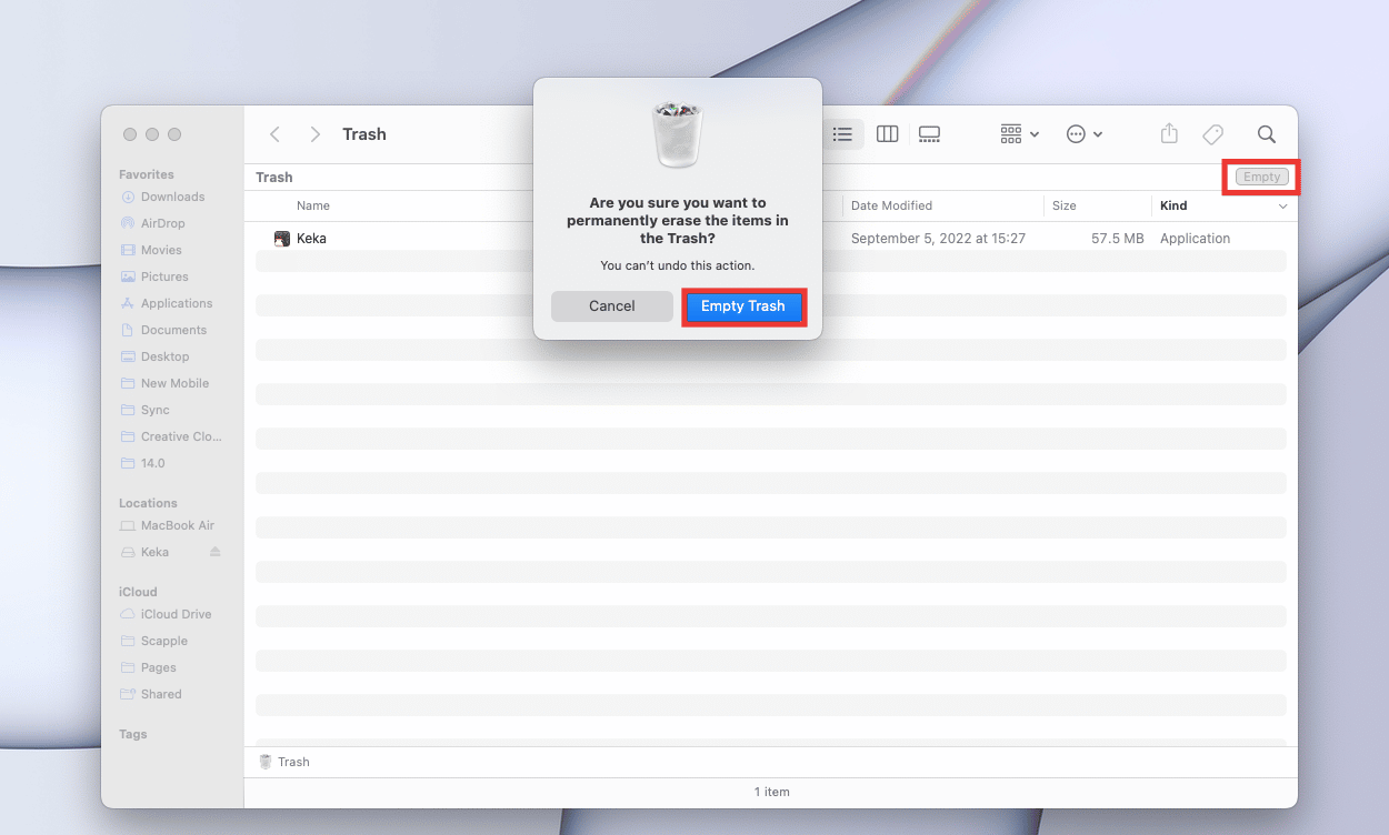 Click on Empty and confirm it by clicking on Empty Trash