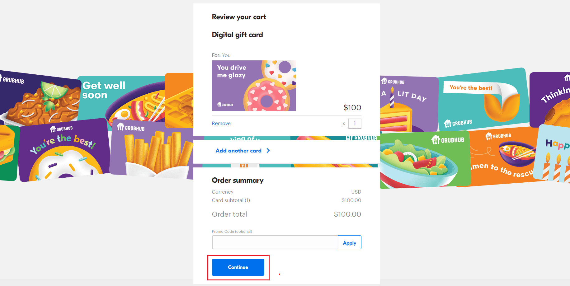 Review your cart and click on Continue to pay for the order