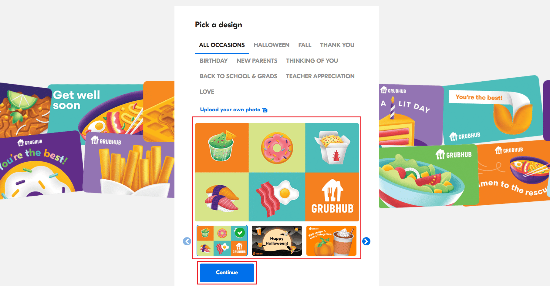 Select the desired gift card design from the available options and click on Continue