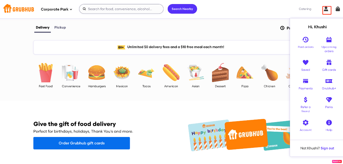 visit the Grubhub website and click on your profile icon from the upper right-hand corner