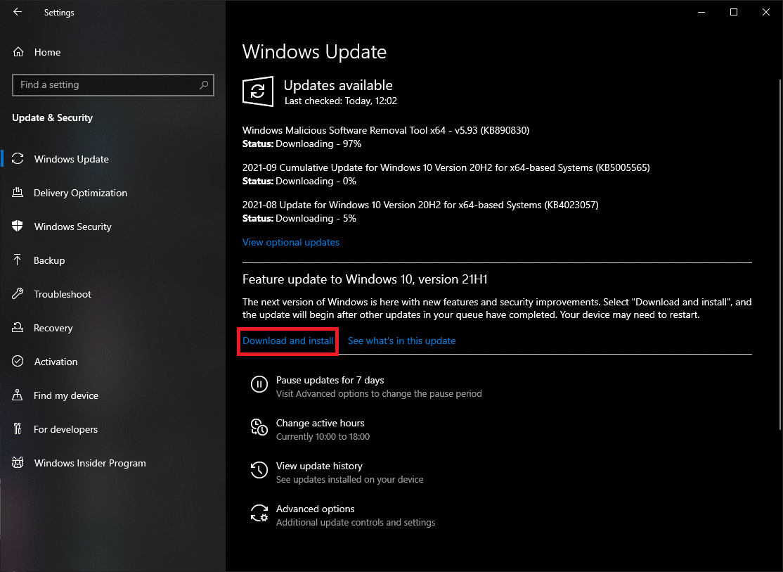 Windows update option in Settings
