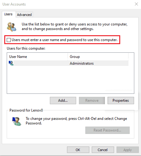 uncheck Users must enter a user name and password to use this computer option in User accounts