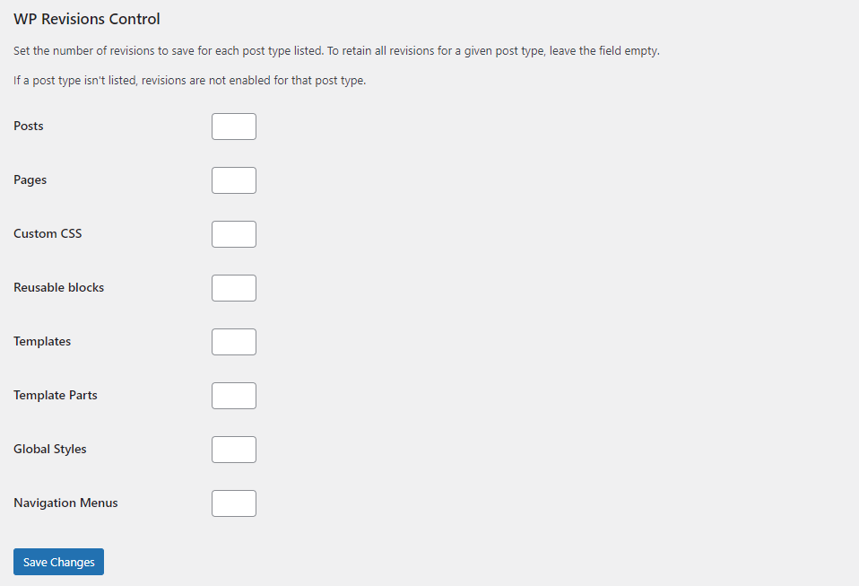 The WP Revisions Control plugin settings