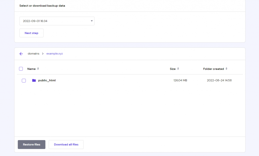 Menu to restore or download the backup files on hPanel