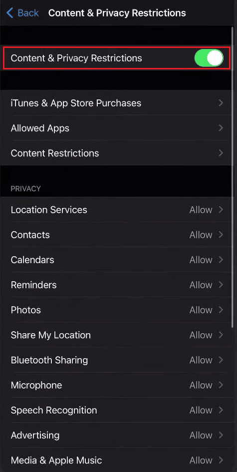 turn off the toggle for the Content & Privacy Restriction option | How to Turn Off Parental Controls without a Password